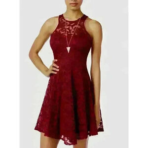 Material Girl Womens Juniors Cocktail Dress Lace Illusion - Zinfandel